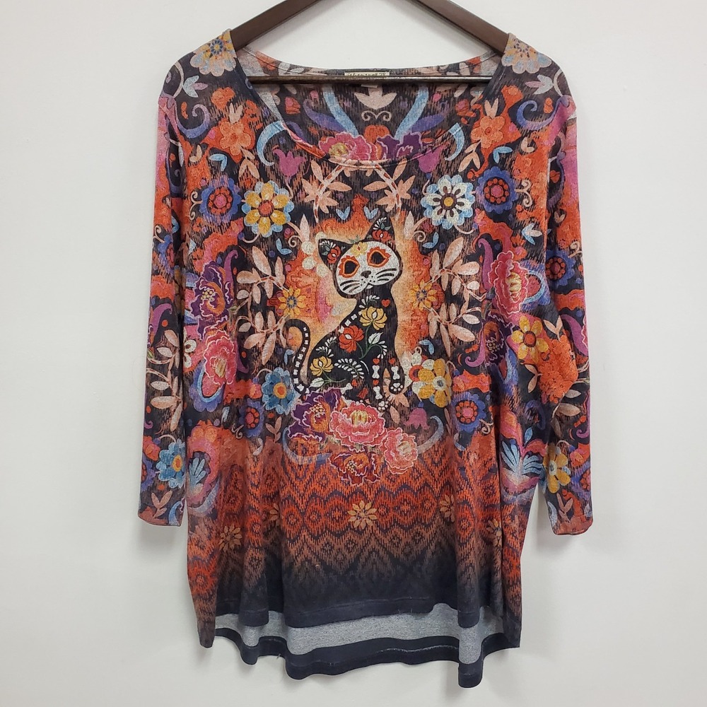 Energe Womens World Wear‎ Cat Top Size 2X Multicolor Halloween Cinco De Mayo
